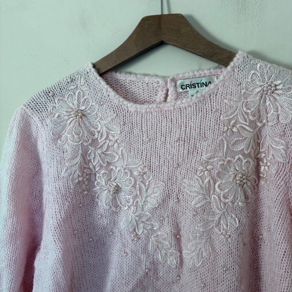 VTG 80s Cristina beaded floral Floral Cream Grandmacore Crewneck Chunky Knit Swe - Picture 2 of 8